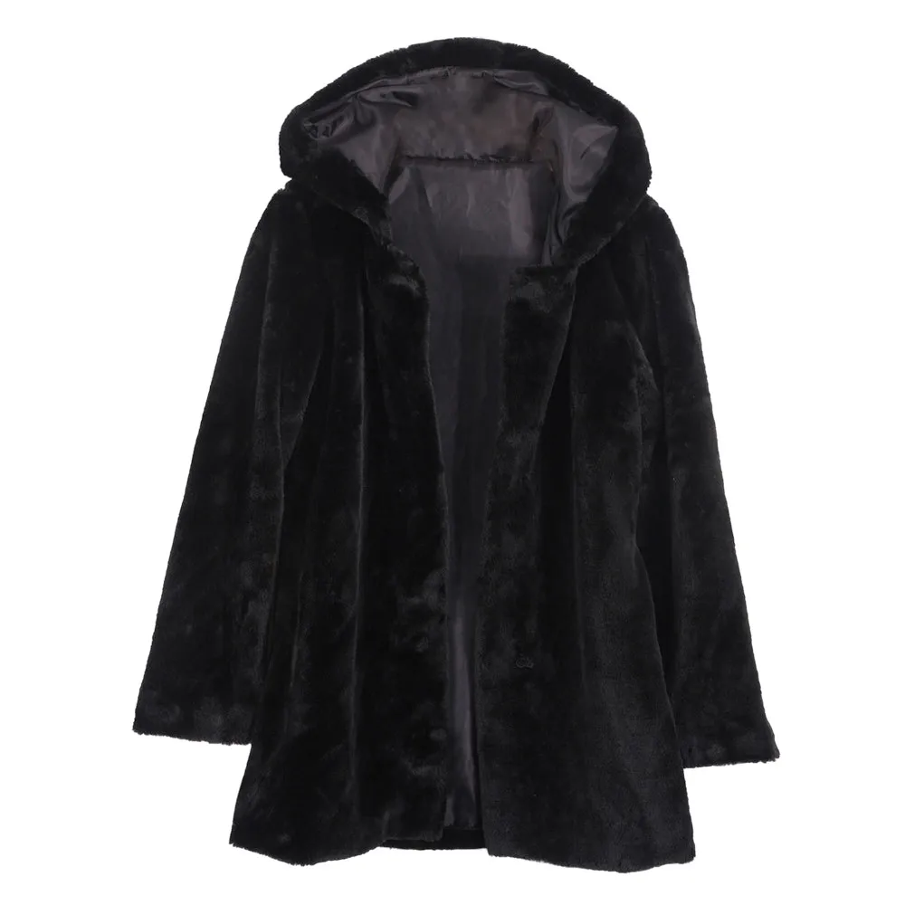Свободное пальто из искусственного меха страуса с капюшоном, высокая талия, модная Толстая теплая свободная Черная куртка из искусственного меха, зимняя женская куртка с длинным рукавом N30