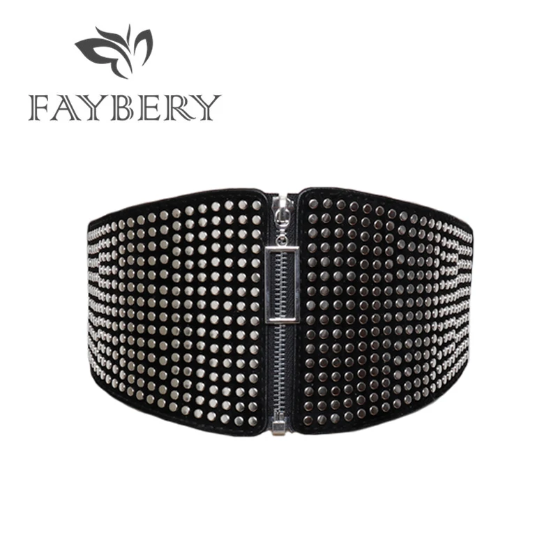 

Fashion Bling Rivet Black Wide Belts for Women Jeans Hot Korean Style Elastic Fabric Belt Square Zip Decoration Cool Rivets