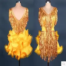 Латинской Танцевальный костюм сексуальные старший спандекс V образным вырезом кисточкой для латино-американских танцев, платья для латино-американских танцев одежды для конкурса танцов платье