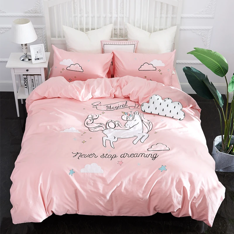 

Papa&Mima Pink Unicorn Embroided Bedding Sets 4pcs Double Queen King Size Bedclothes 100%Cotton Bed sheet set Pillowcases