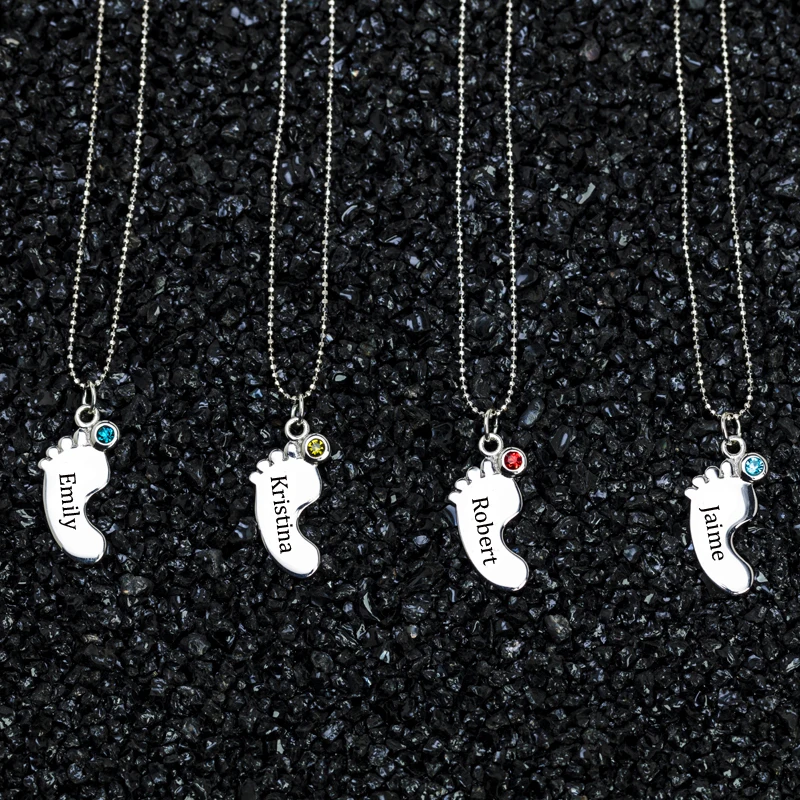 

One Baby Foot Necklace 925 Sterling Silver with Birthstone Engraved Name by Free Mom Jewelry Birthday Gift YP3188