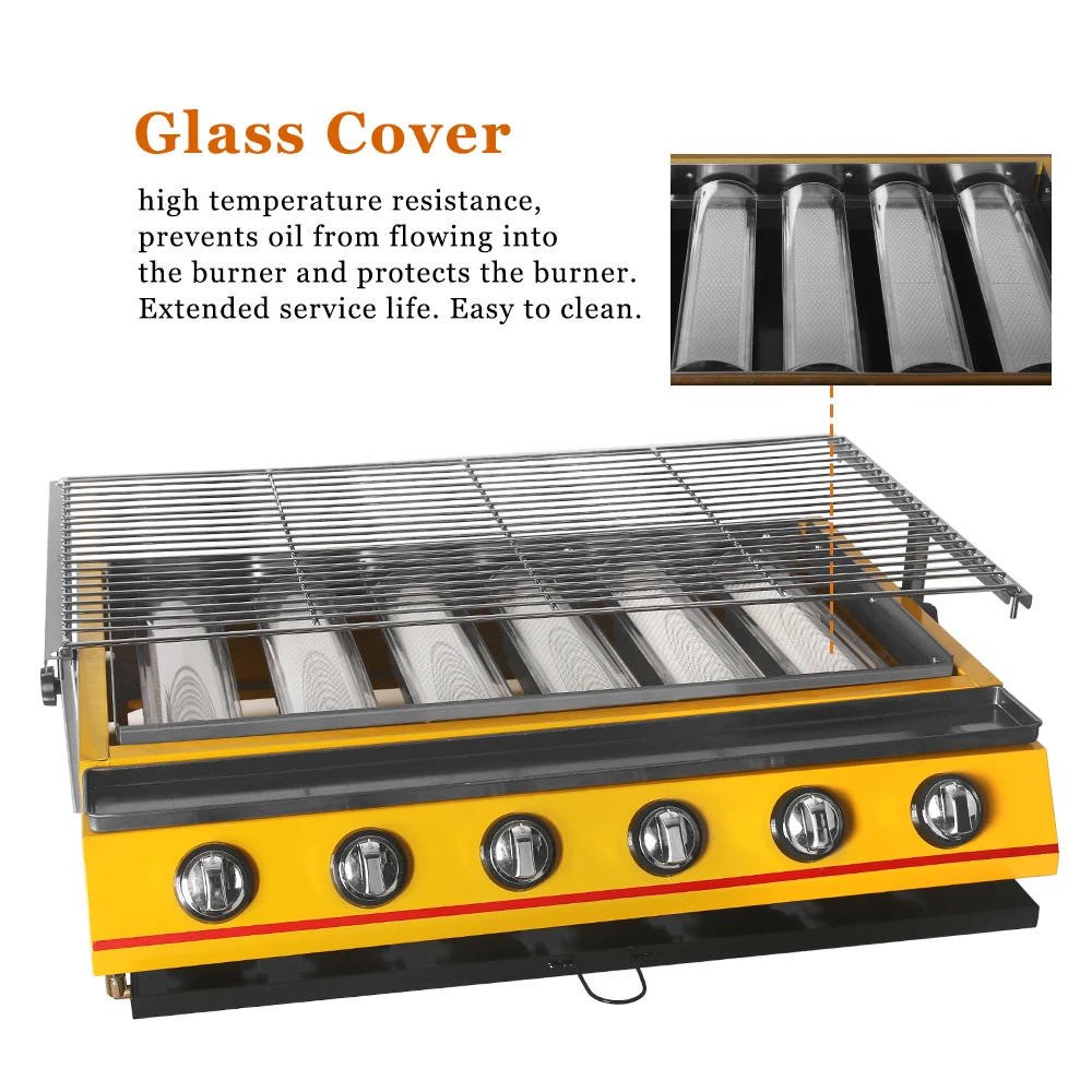 GZZT 6 Burners BBQ Grill Yellow Glass Shield Infrared Burner Grills For Outdoor Picnic 810*580*170mm Heat Fast Easy to Clean