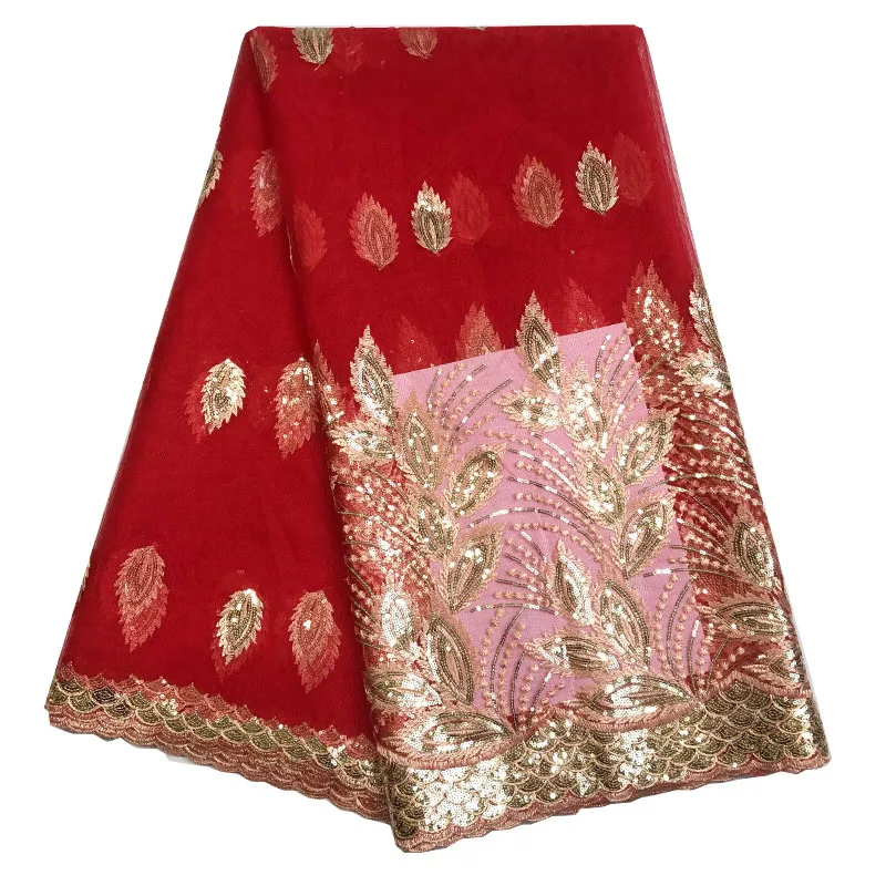 

Red Nigerian Sequins Lace Fabrics Idian Nigerian Lace Fabrics Embroidery African Tulle French Lace Materials For Womenc A19-6