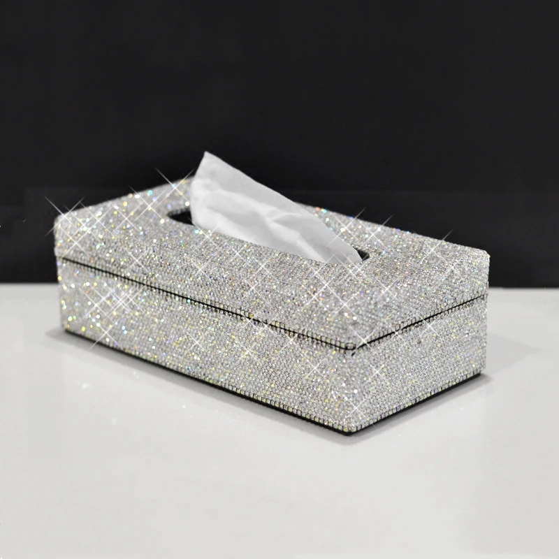 Shiny Crystals PU Leather Tissue Box Paper Holder Case Cover For Home Car