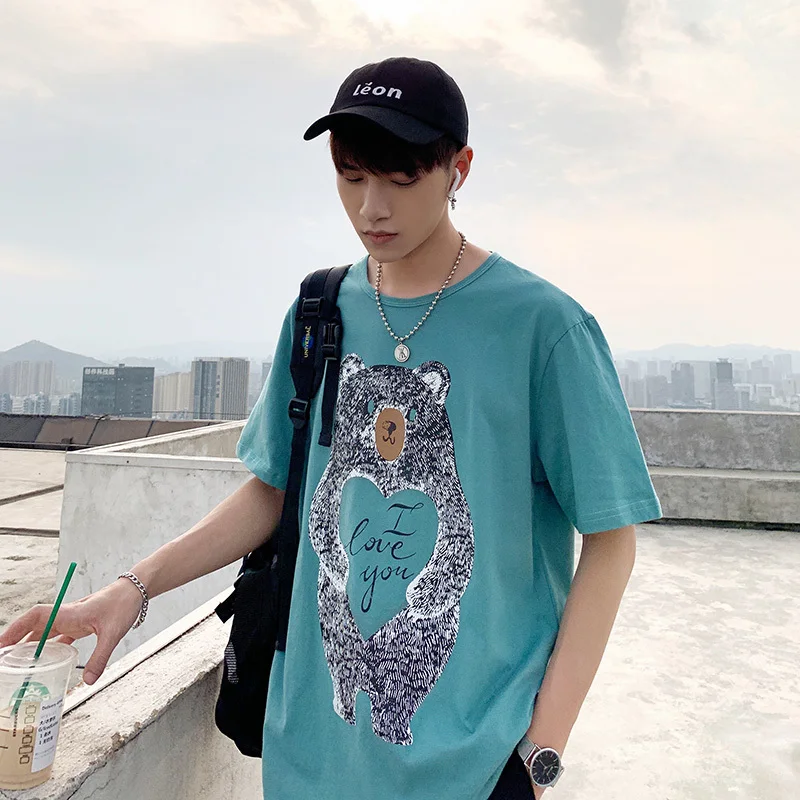 

Men's T-shirt 2019 summer new round collar cotton slim short sleeve cartoon printing loose personality casual men's wear