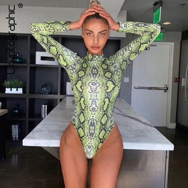 

Cryptographic Green Snake Print Long Sleeve Bodysuit 2019 Casual Long Sleeve Romper Womens Jumpsuit Fashion Body Party Clubwear