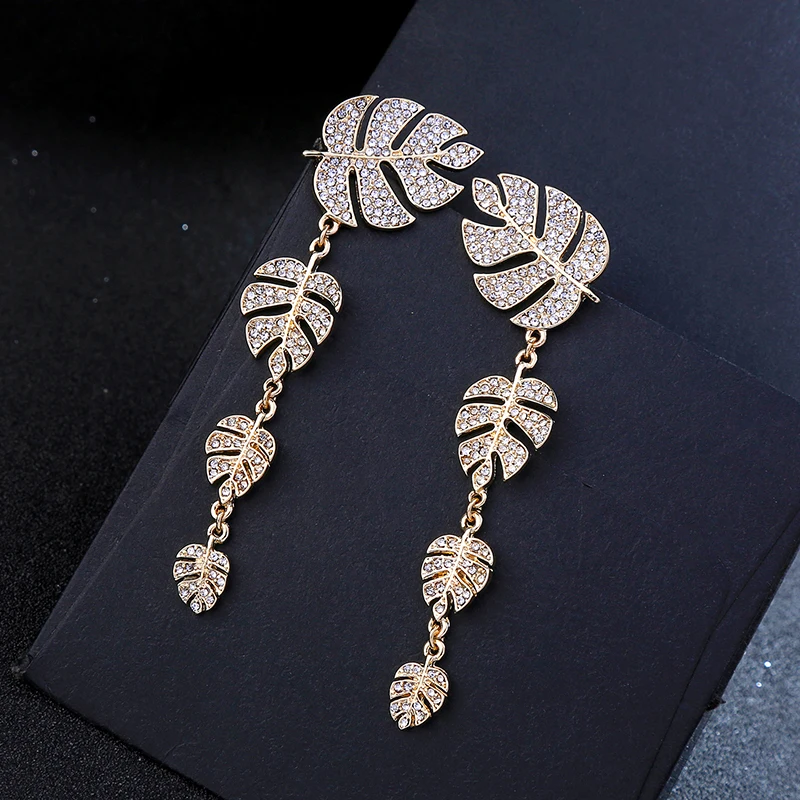 

Wedding Dress Fashion Jewelry Luxury Crystal Leaves Dangle Earrings For Women Party Gift Charm Long Earring Accessories