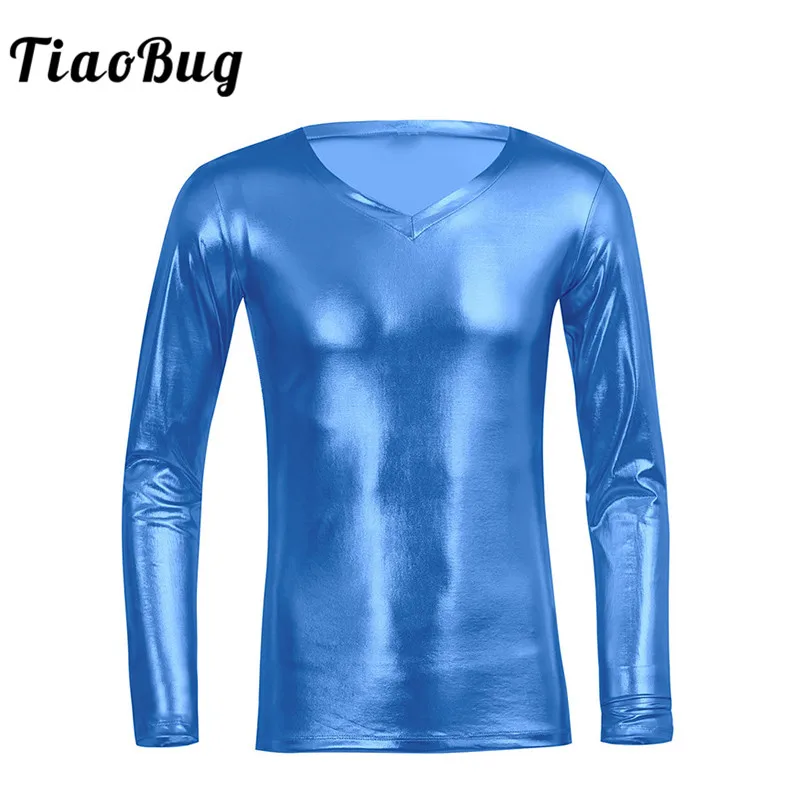 

TiaoBug Men Long Sleeve T-shirt Slim V Neck Gold Silver Blue Black Faux Leather Mens Glitter Shirts Party Clubwear Sexy Gay Tops