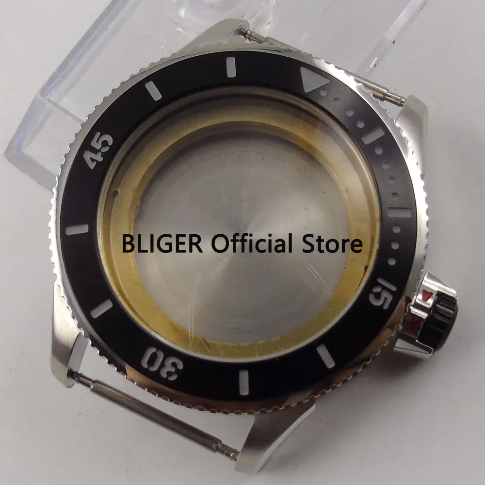 BLIGER 43MM 316L Stainless Steel Watch Case Black Ceramic Bezel Fit For MIYOTA 8205 8215 821A Automatic Movement C128 | - Цена: 