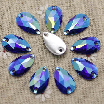 

100pcs 10.5*18mm Sew on Rhinestones Blue AB Waterdrop Resin Flatback Droplet Sewing stones 2 holes For Dress Garment