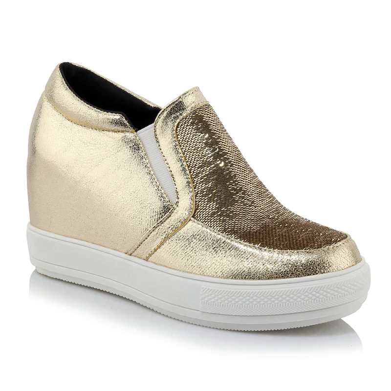 DoraTasia/демисезонные лоферы на платформе размера плюс 32-45, обувь без шнуровки с эластичными лентами, женская повседневная обувь, увеличивающая рост - Цвет: gold no fur