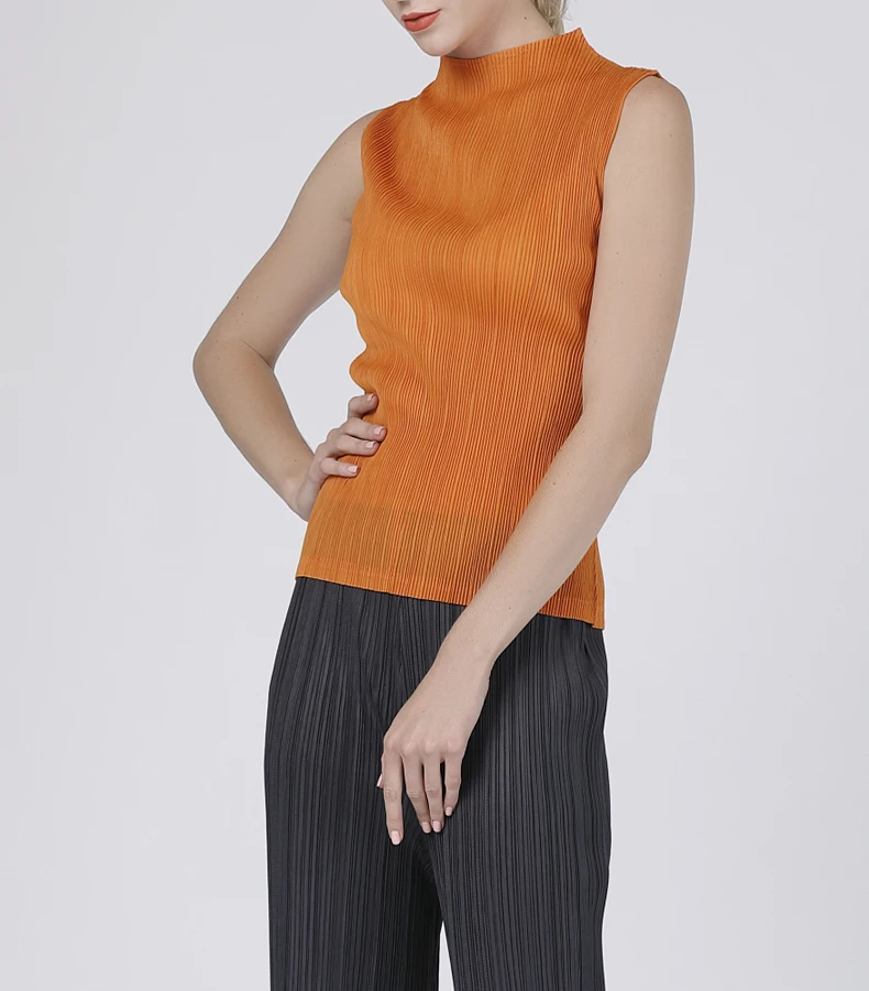 Changpleat, летняя коллекция, женская тонкая футболка, Топы, Miyak, плиссированная, модная, водолазка, без рукавов, большая, эластичная, одноцветная, нижняя, футболки, T90