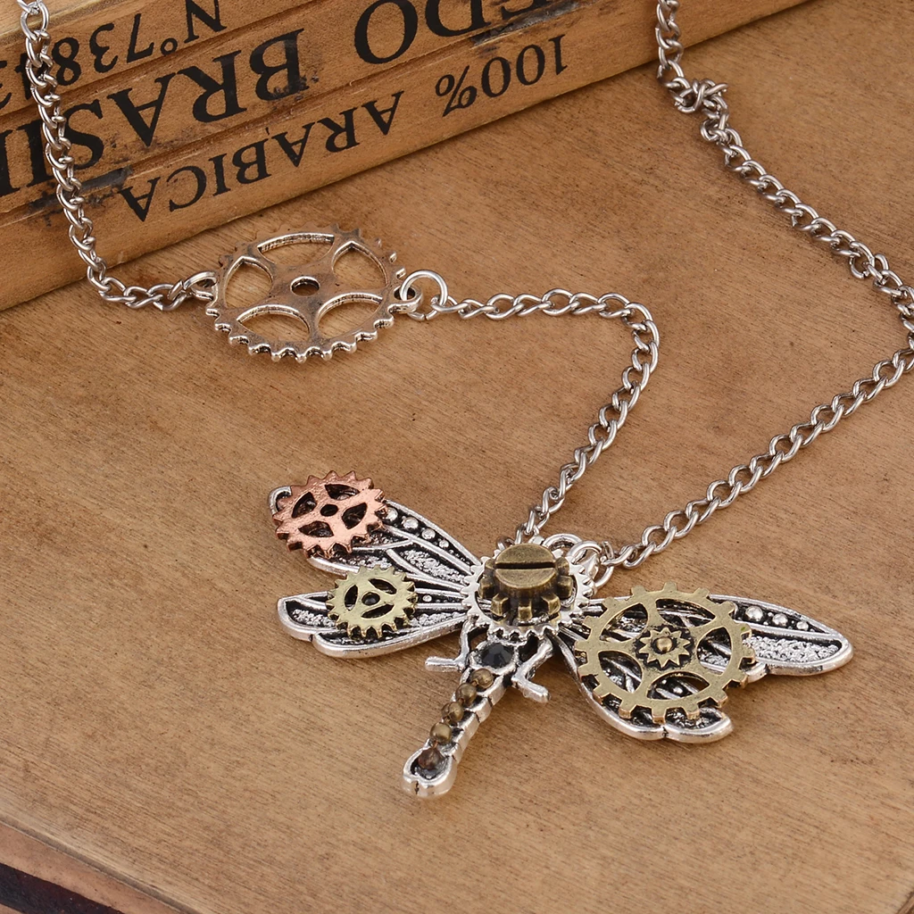 2Pcs Steampunk Vintage Rhinestone Decor Dragonfly Big Beetle Insect Shaped Multigear Gears Women Necklace Gears Chain