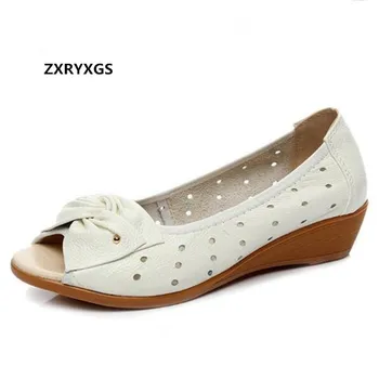 

Hot 2019 new bow Hollow genuine leather sandals flat Non-slip comfort soft summer women sandals fashion casual shoes plus size