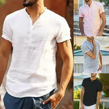 Мужские Топы Рубашки повседневные хлопковые мужские льняные рубашки пуловер Белый сплошной короткий рукав Летняя одежда для отдыха облегающая женская сорочка