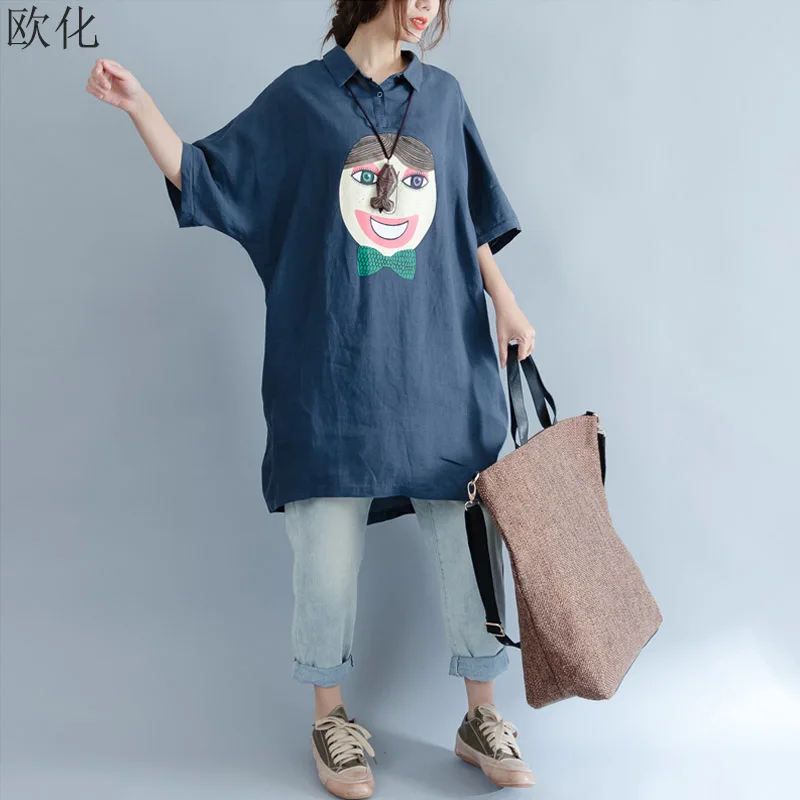 

Women Summer Sundress Kawaii Vintage Cartoon Print Plus Size Midi Dresses Loose Short Sleeve Cotton Linen Beach Dress 4XL 2019