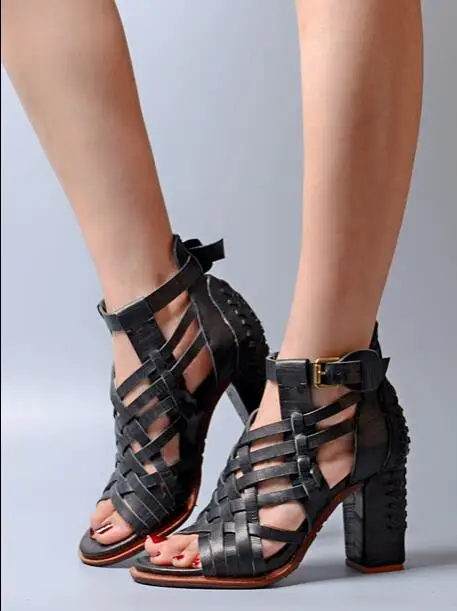 Prova Perfetto полная кожа узкая полоса вязание женские сандалии открытый носок толстый высокий каблук Римский стиль Летняя обувь - Цвет: Черный
