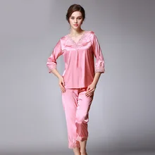 Летние атласные шелковые пижамы плюс размеры женский домашний костюм пикантные кружево рубашки для мальчиков+ брюки девоч