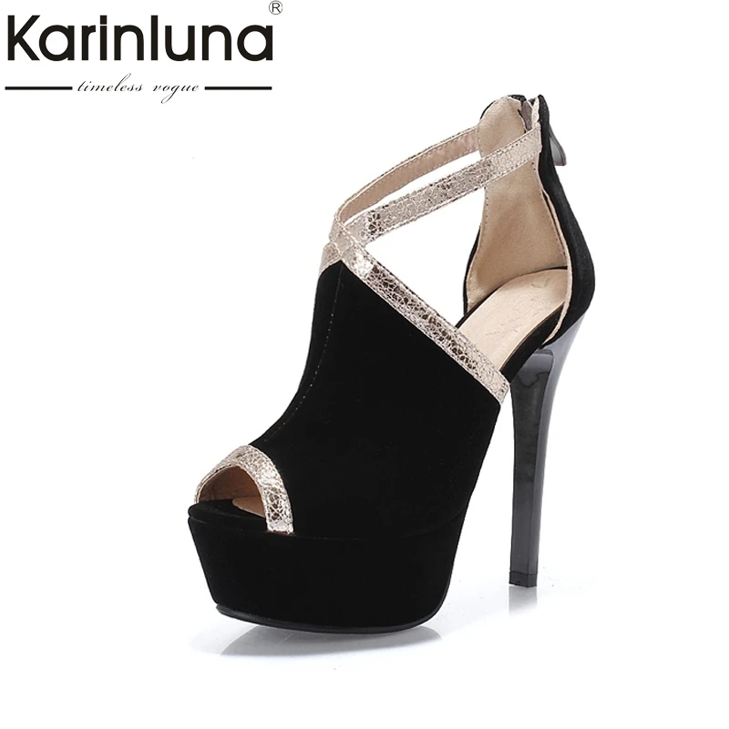 comprar 34 43 KARINLUNA 2018 Tamanho Grande Peep Toe Zip Up Plataforma Mulheres Sapatos Sexy de Super Saltos Altos da Festa de Casamento sandálias Da Senhora