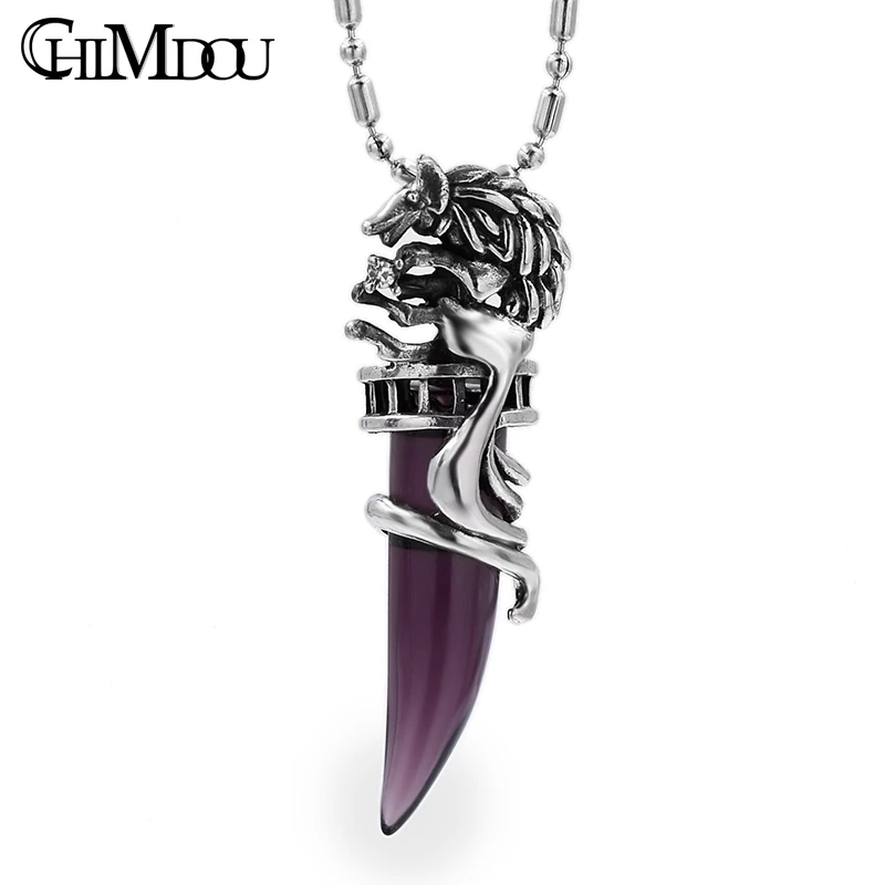 

CHIMDOU Party summer Rock Unisex Stainless Steel Silver Color Rhinestone purple wolf tooth pendant P099