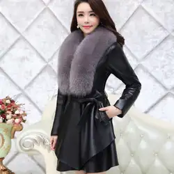 2018 г. модные зимние женские меховые пальто из искусственного меха лисы Лоскутная PU Длинные куртки Для женщин искусственного меха пальто