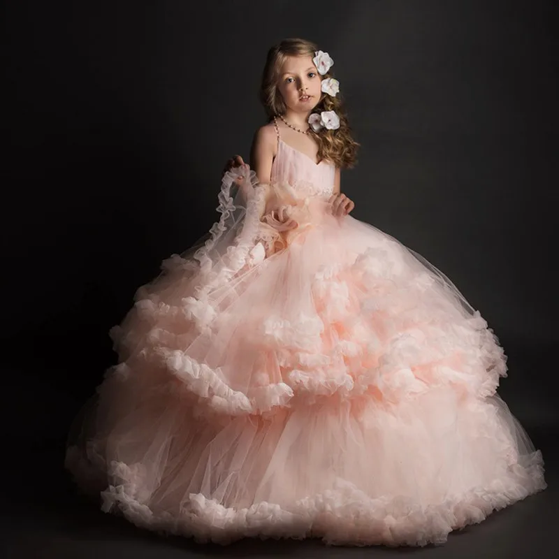 

New Pink Puffy Flower Girl Dresses Ball Gown V-Neck Ruffles Sleeveless First Communion Pageant Gown Custom made Vestidos