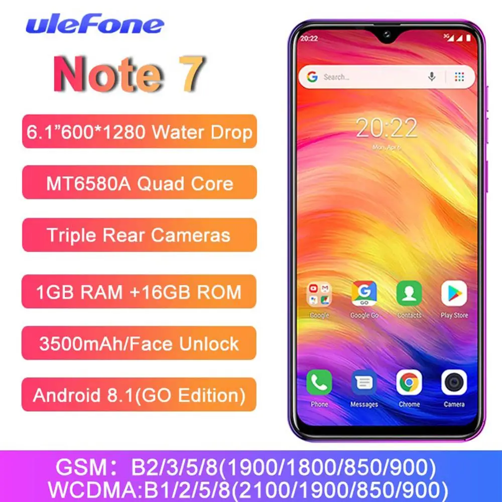 

Ulefone Note 7 Smartphone 6.1 inch MT6580A Quad Core 3500mAh 1GB RAM 16GB ROM Face ID Three Rear Cameras Android GO Mobile Phon