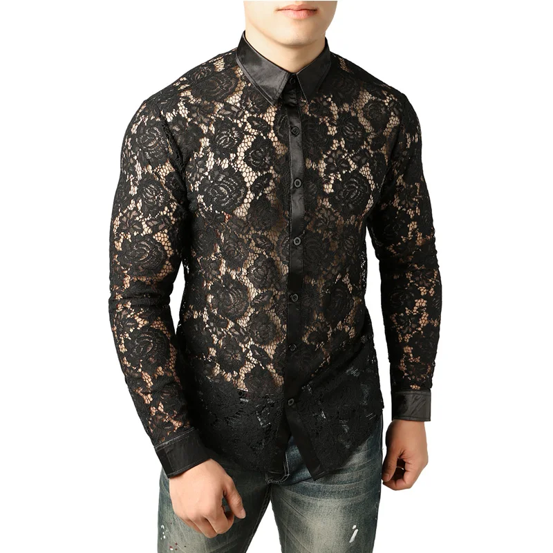

Brand Black Shirt Men Chemise Homme Sexy See Through Fancy Flower Embroidery Lace Mens Dress Shirts Night Club Wedding Camisa