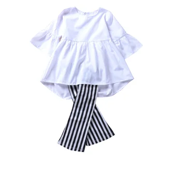 

2018 Fashion Girls Clothing Suit Flare Sleeve Ruffles Solid White A-line Tops+Stripe Pants 1-6y Kid Girls Clothes Set