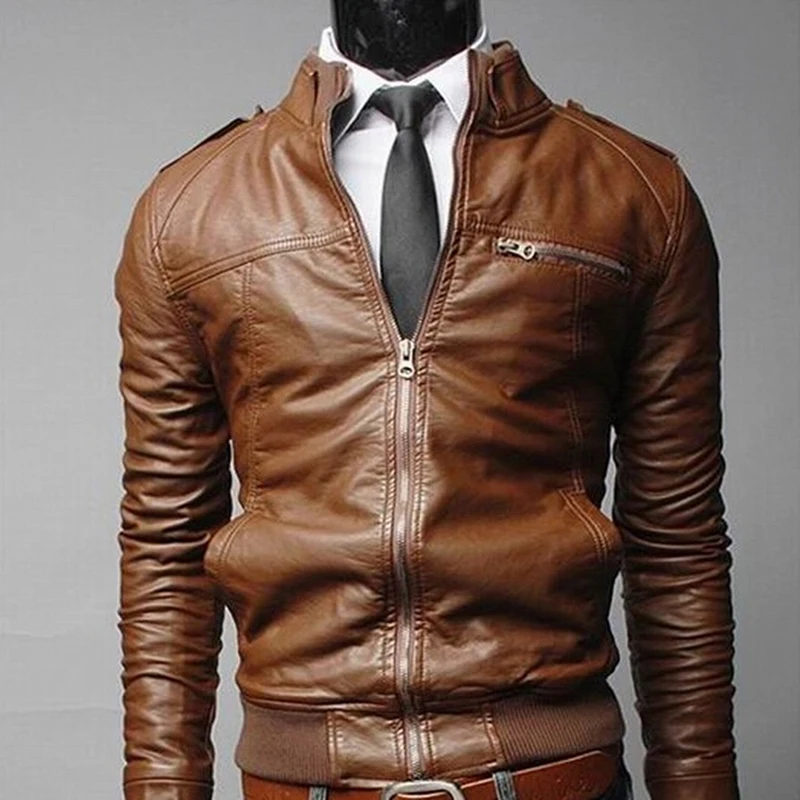 

New Arrived PU Leather Men's Jackets Male Slim Coats With Zipper Man Outerwear Stand Jackets Jaqueta De Couro Masculina
