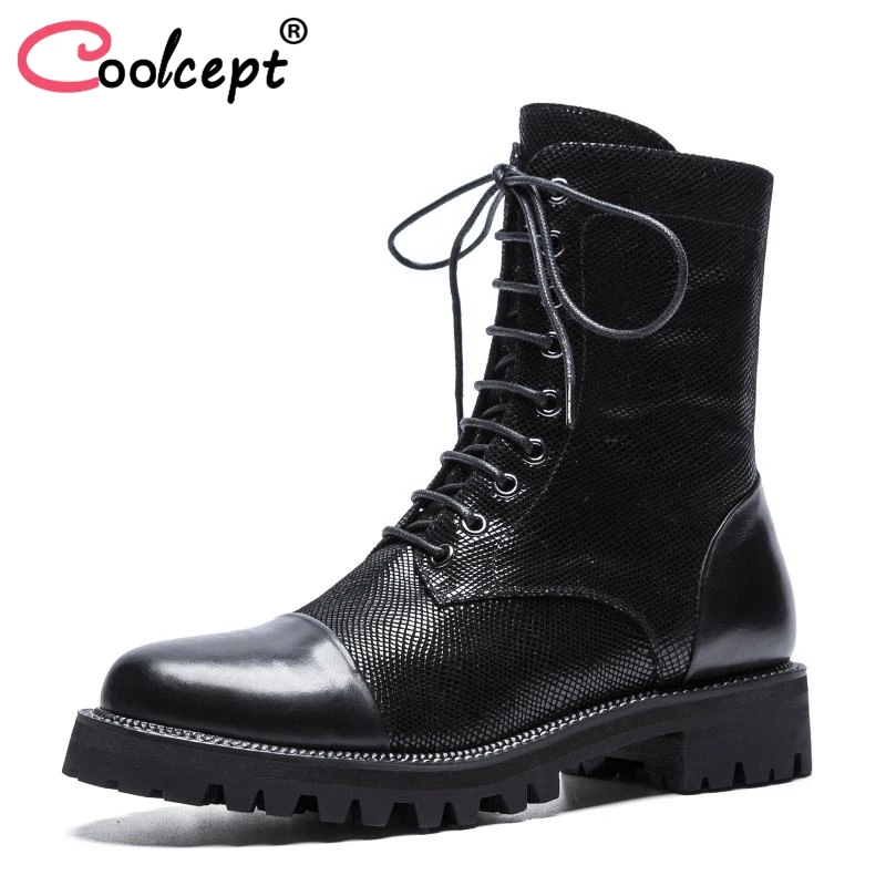 

Coolcept Women Real Leather Ankle Boots Winter Platform Shoes Woman Lace Up Square Heels Boots Motorcycles Shoes Size 34-40