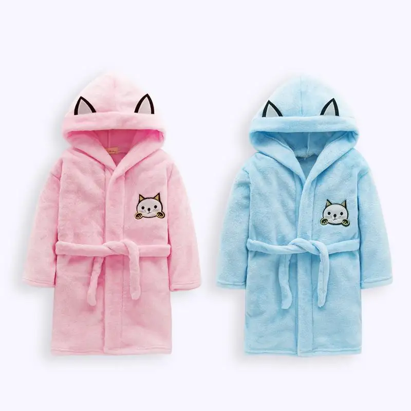 

Fleece Warm Kids Pajamas Robes New Autumn Winter Boys Girls Sleepwear Cute Cat Children Bathrobes Blue Pink
