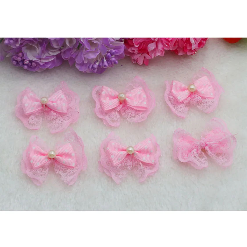 

50pcs 35X40mm Pink Double Lace Bow Satin Ribbon Bows with Pearl Appliques Craft Trim wedding party DIY Headwear Hairpins