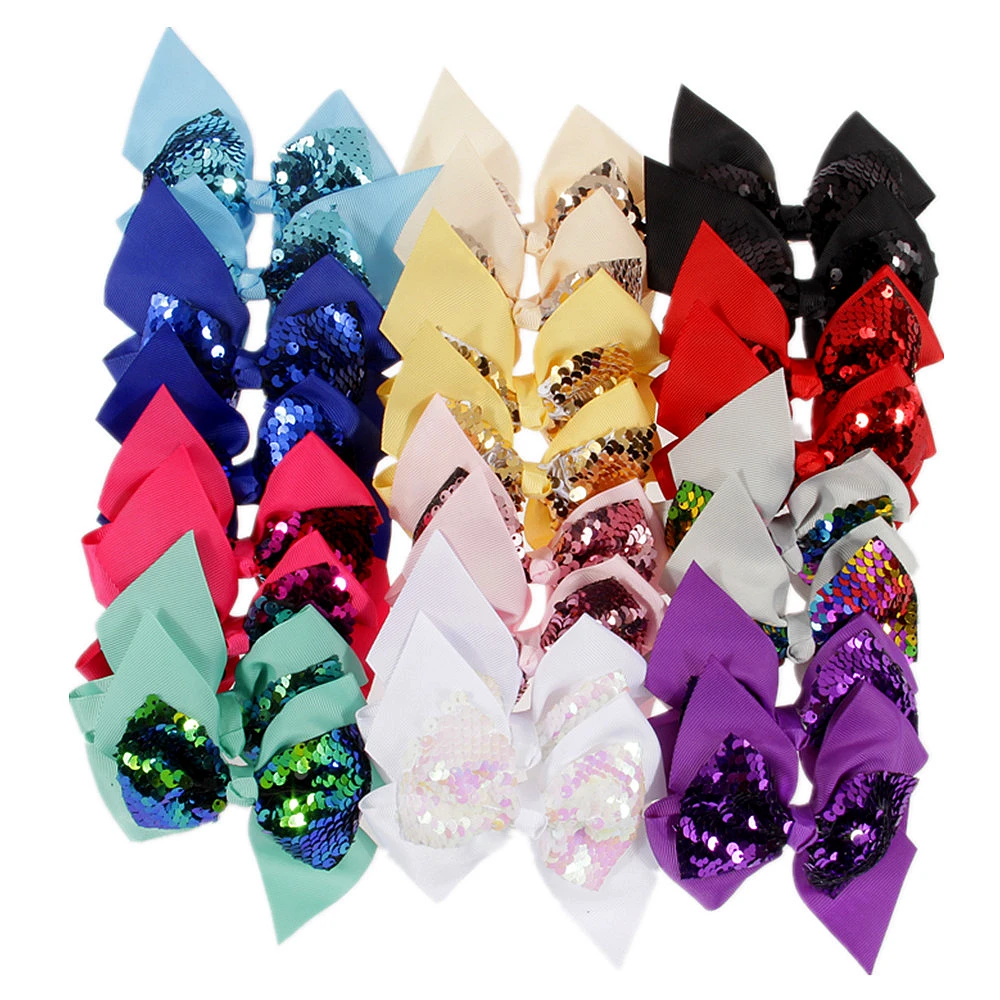 20pcs/lot 12 Colors 4.8" Sequin Ribbon Bow Hair Clip Boutique Hair bows Clips Girls Hairpins