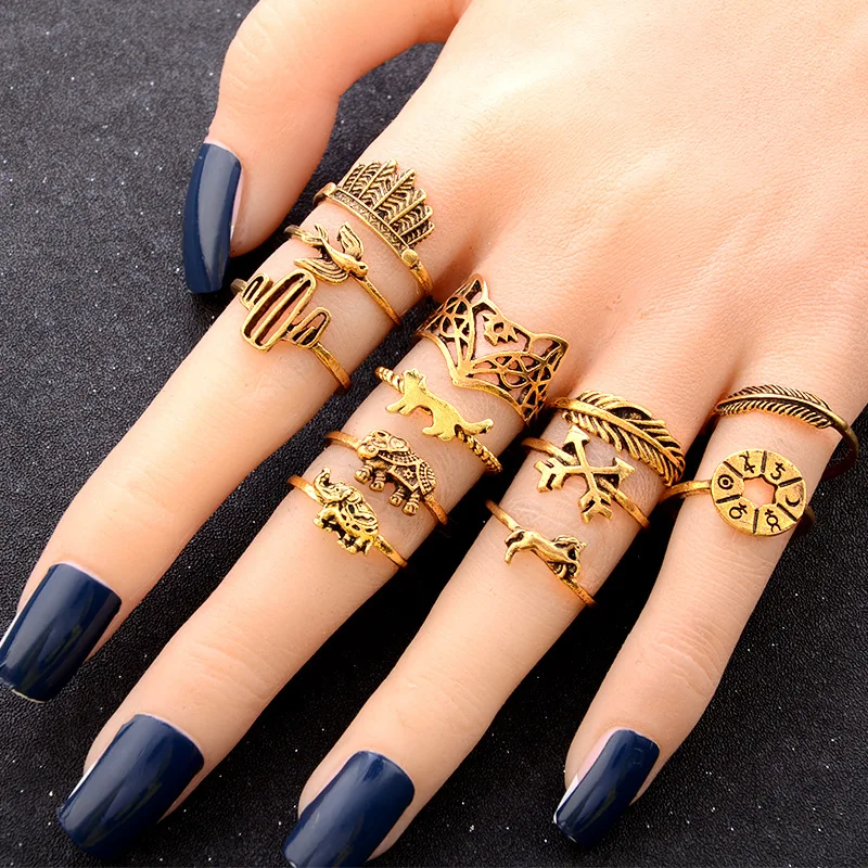 

2018 Vintage 12 pcs/ set Cactus Elephant Fox Ring Set Bohemia Symbol Bird Lion Feather Arrow Crown Midi Finger Rings For Women