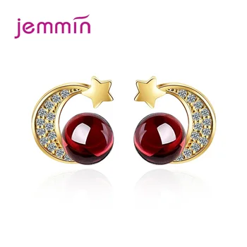 

925 Sterling Silver Gold Colour Stud Earrings Trendy Moon Star Design Cubic Zirconia Stone Fashion Party Appointment Jewelry