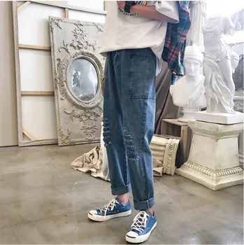 

2019 Korean Style Summer Men's New Pattern Holes Skinny Jeans Stretch Slim Fit Casual Pants Blue/black Color Trousers Size S-2XL