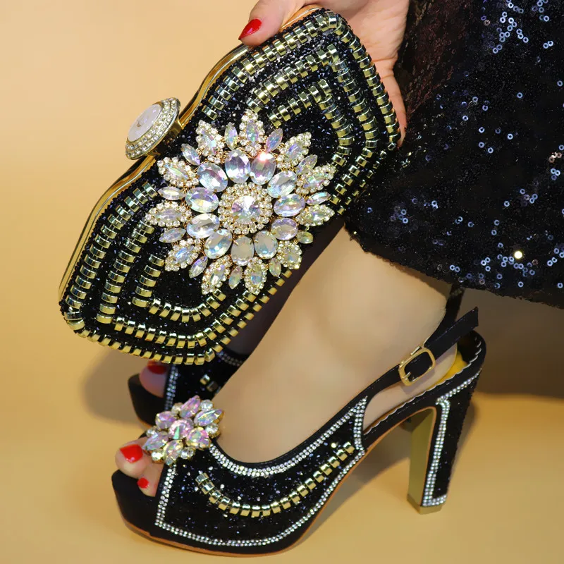 

Latest Beautiful African Shoes and Matching Bags High quality Italian Shoes and Bags Black color Decorated with big Rhinestones