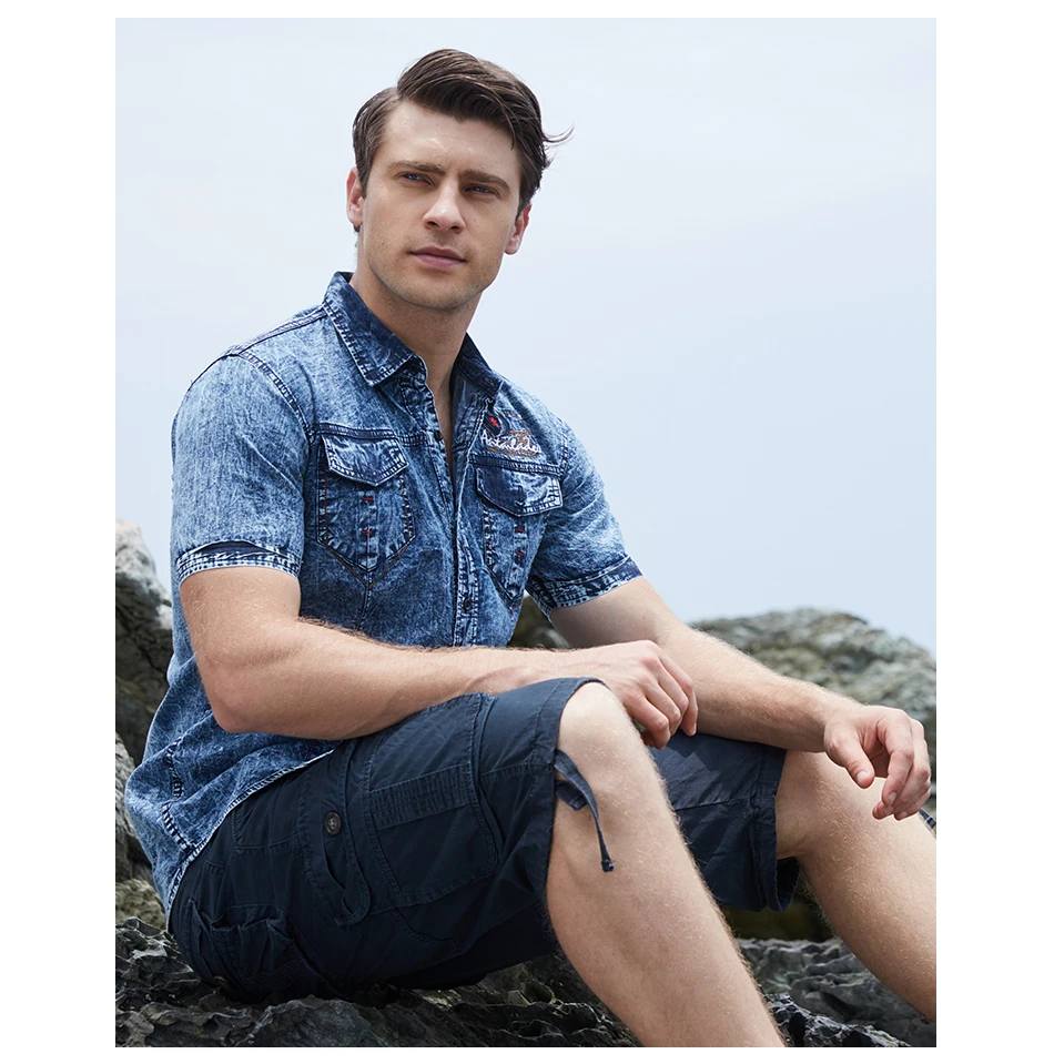 NP Men's Denim Shirt Men's Denim Washed Short-Sleeved Denim Shirt