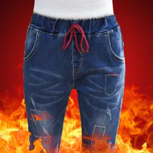 Зимние Теплые Джинсы бойфренда, флисовые плотные штаны-шаровары с эластичной резинкой на талии, женские уличные свободные джинсовые штаны на шнуровке для девочек