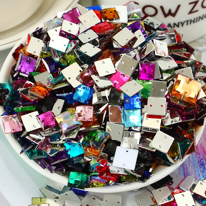 

Mixed Colors 50pcs/lot 6MM,10MM,12MM,14MM Acrylic Sew On Beads Flat back Sewing Square Beads Loose Stone For Garment Decor