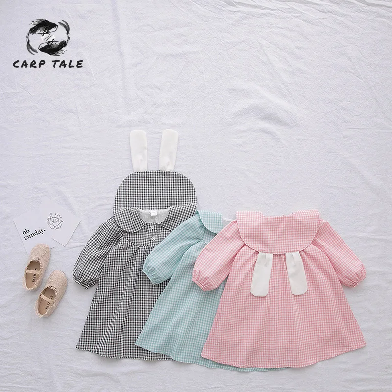 

Girls dress 2019 autumn long-sleeved rabbit ears plaid lapel dress girls baby dress children models baby girl dresses
