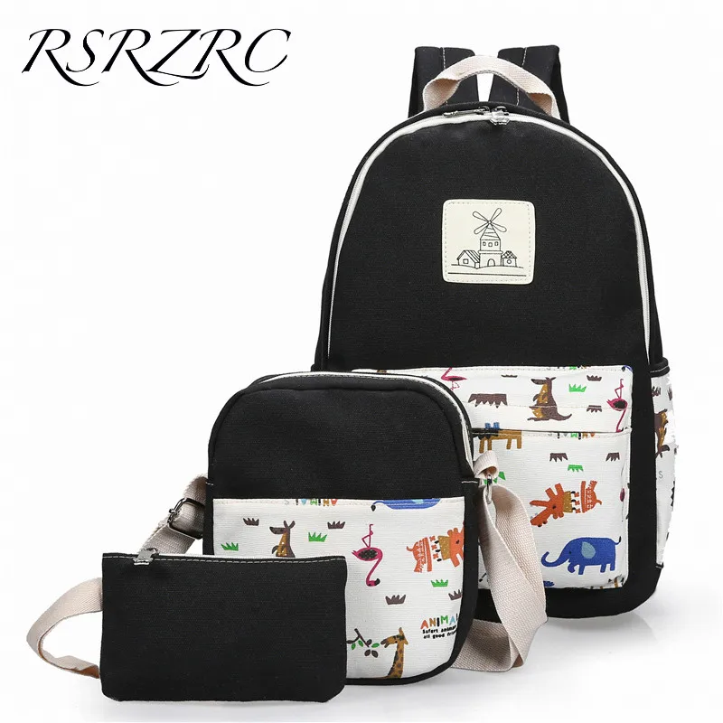 

2017 New Fawn Printing Canvas Backpack Students Portable Three-piece Backpack Preppy Style Animal Backpack for Teenager Girls