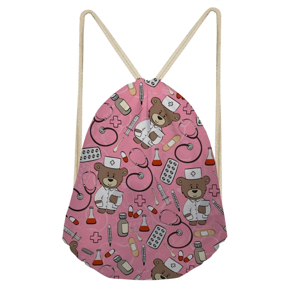 Мультфильм медсестра медведь печати Для женщин небольшой шнурок сумка розовый для школьниц строка хранения сумки Для женщин Mochila женская