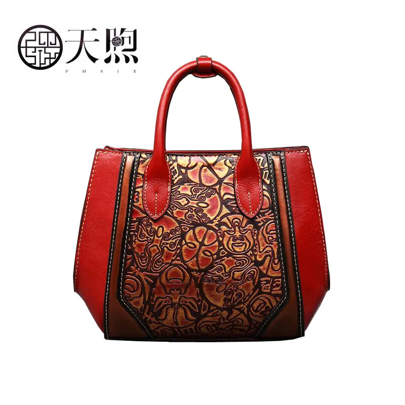 Pmsix Original Design Chinese Style Art Mask Handbag 2017 new fashion leather Messenger bag Fashion embossed handbags