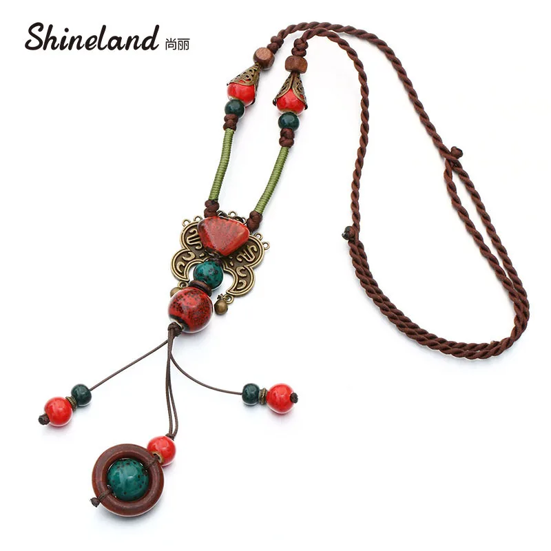 

2018 New Bohemia Style Jewelry Antique Gold And Red Color Ceramics Beads Ethnic Long Necklace For Women Statement Jewelry