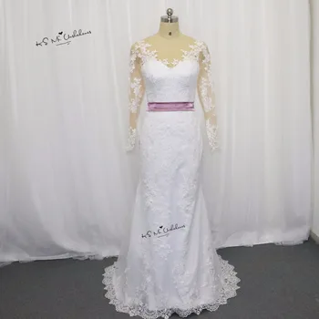 

2017 Elegant Mermaid Wedding Dress Long Sleeve Vestido de Noiva Sereia Pink Sash Lace Bride Dress Renda Wedding Gowns Buttons