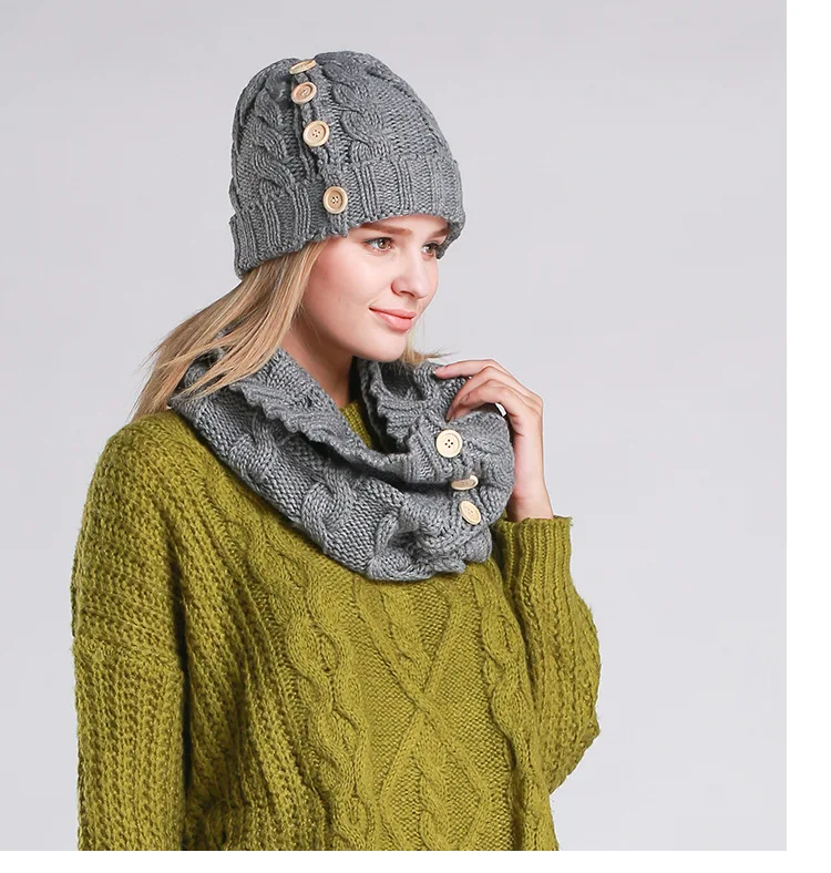 JKP 2018 Для женщин шляпа нагрудник два-Костюм из нескольких предметов модные однотонные и пуговицы толстые зимние теплые шарф новый скидка TZ-02