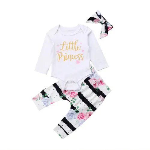 Одежда для новорожденных милые детские топы для девочек с длинными рукавами комбинезон штаны с цветочным принтом 3 шт. наряд Комплект