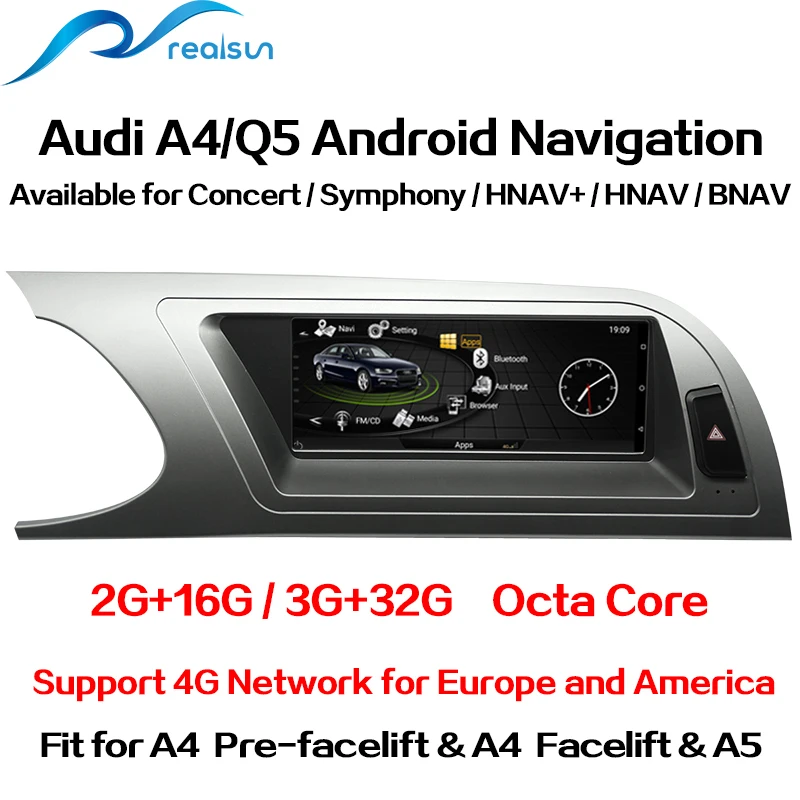 Perfect Realsun 8.8" Audi A4 B8 Prefacelift Facelift S4 A5 Q5 Concert MMI 3G RAM 32G ROM Octa Core Android 7.0 4G Network GPS Navigation 1